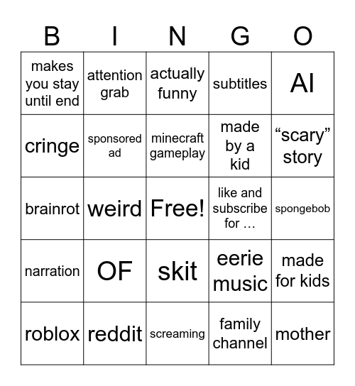 YT shorts bingo Card