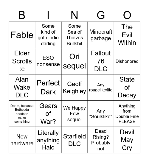 Xbox Games Showcase Bingo Card