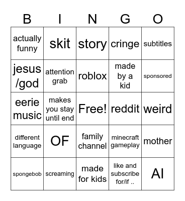 YT shorts bingo Card