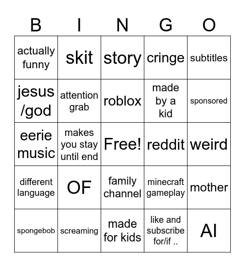 YT shorts bingo Card