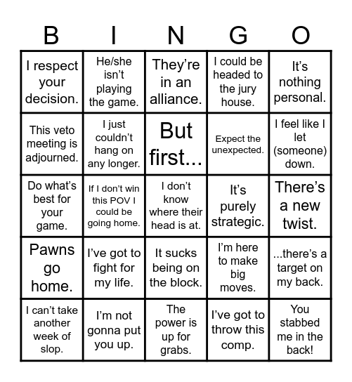 Big Brother Bingo Card