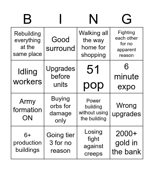 Bronze Bingo Card