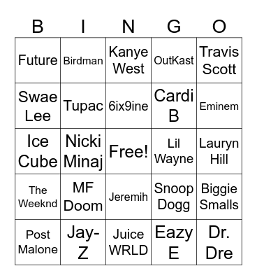 Rappers Bingo Card