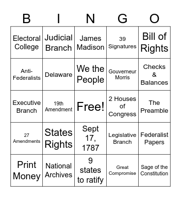 Constitution Day Bingo Card
