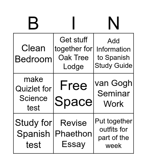 Homework for today Bingo Card