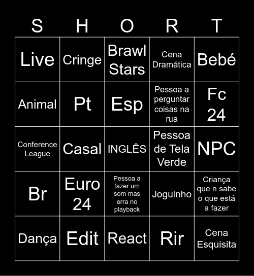 YOUTUBE SHORTS BINGO Card