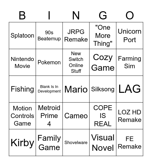 Nintendo Direct Bingo Card