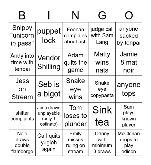 Nats Gang Bingo Card