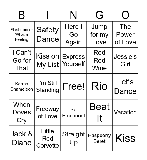 1980s Summer Hits Bingo Card