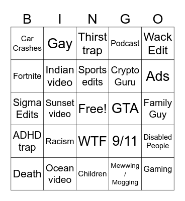 Instagram reel bingo Card