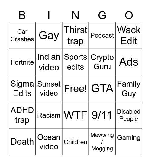 Instagram reel bingo Card