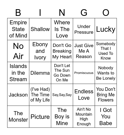 Duets Bingo Card