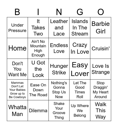 Classic Pop Duets Bingo Card