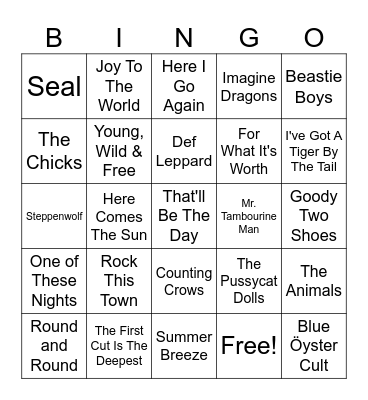"Animal Bands" Bingo Card