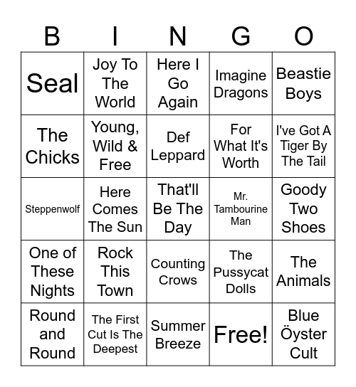 "Animal Bands" Bingo Card