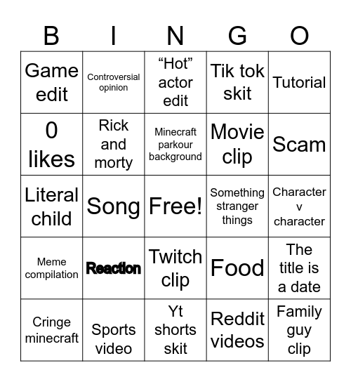 YouTube shorts Bingo Card