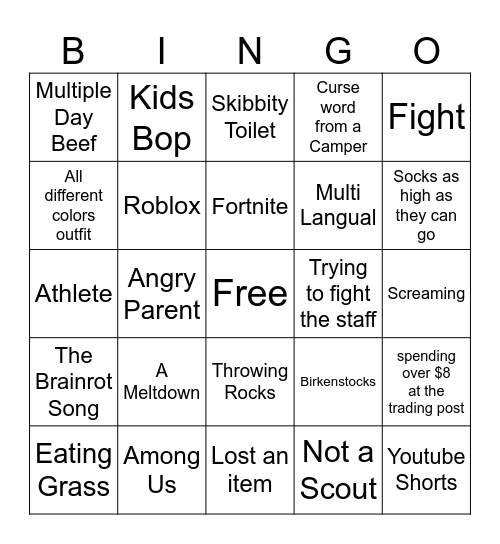 Camp Bingo Card