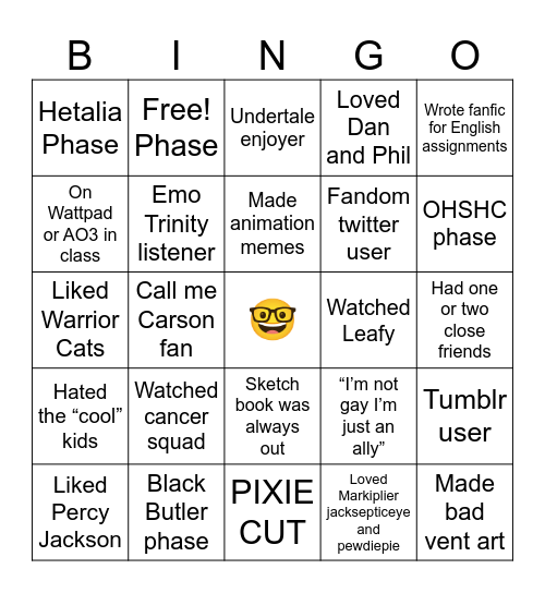 Middle school Freak Bingo Card
