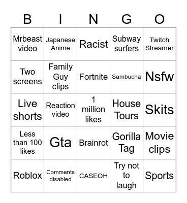 YouTube Shorts Bingo Card