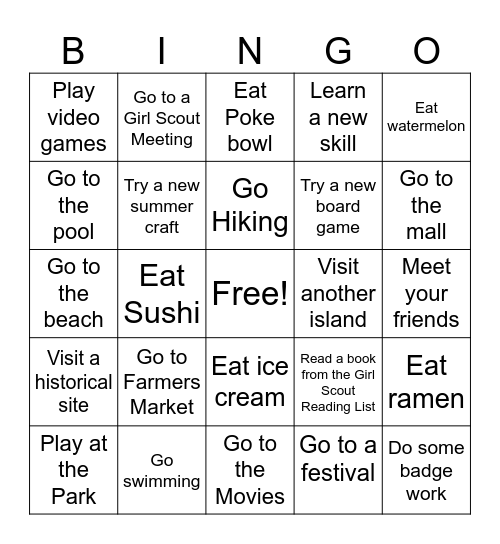 Troop 01 Summer BINGO Card