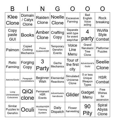 Zenless Zone Zero Bingo Card