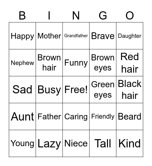 Family members and adjectives Bingo Card