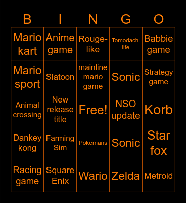 Nintendo Direct Bingo Card