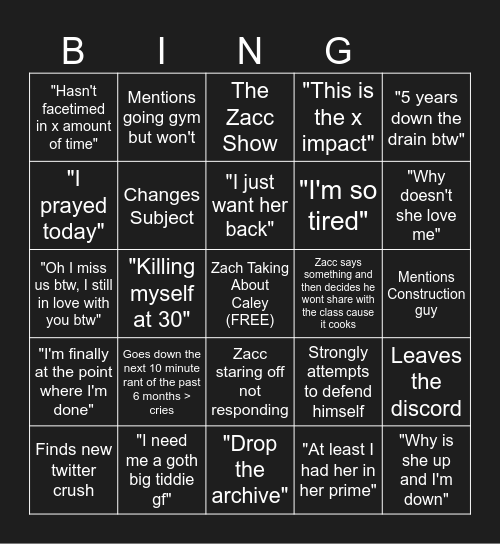 Zacc's We Are So Not Back Arc Bingo Card