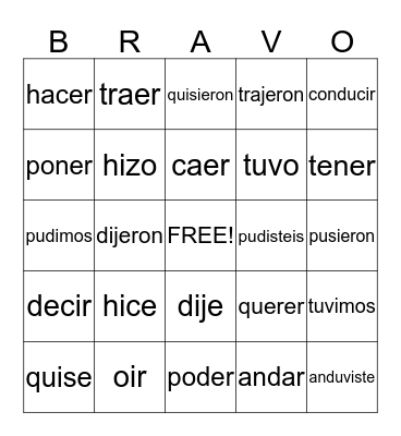 Irregular Verbs Bingo Card