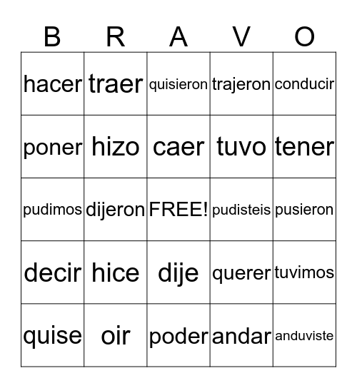 Irregular Verbs Bingo Card