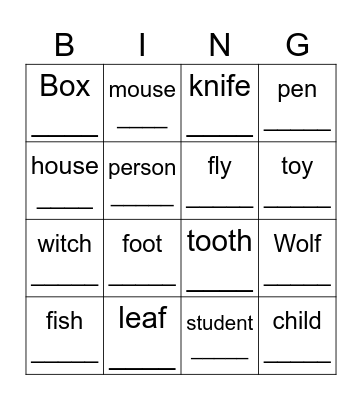 Plural Noun Bingo Card