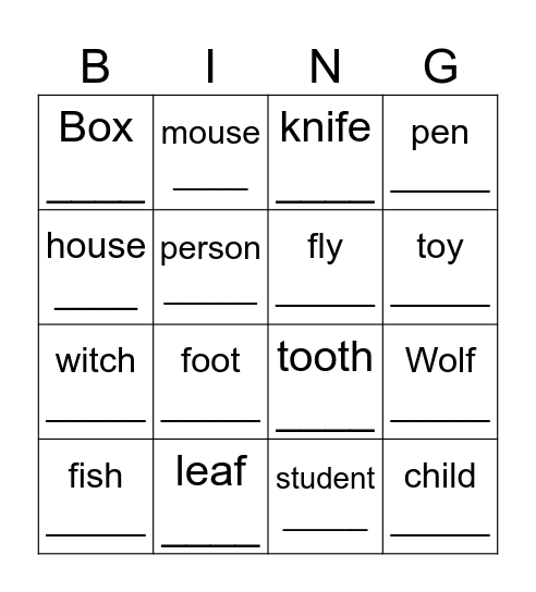 Plural Noun Bingo Card