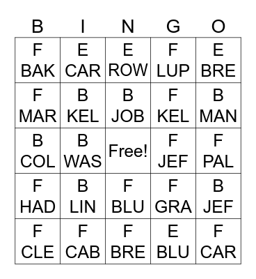 Call Number Bingo Card