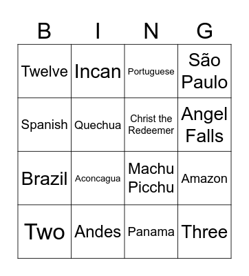 South America Bingo Card