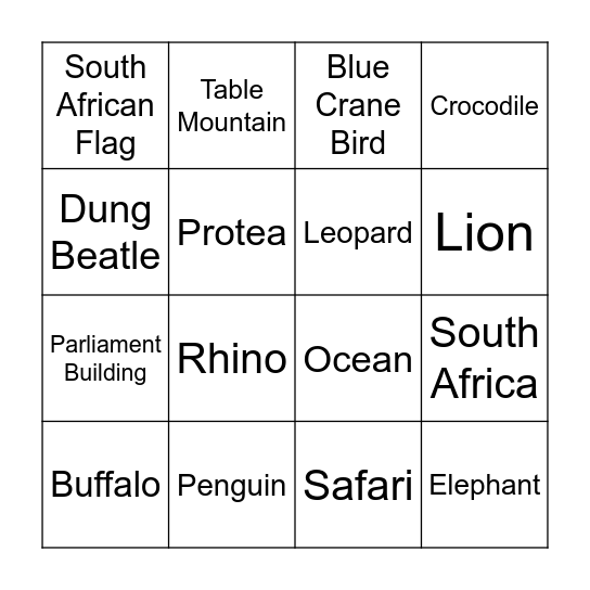 South Africa Bingo Card