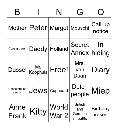 Anne Frank: The Diary of a Young Girl Bingo Card