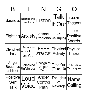 Anger Bingo Card