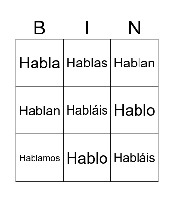 -AR Verbs Bingo Card