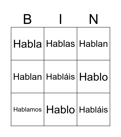-AR Verbs Bingo Card