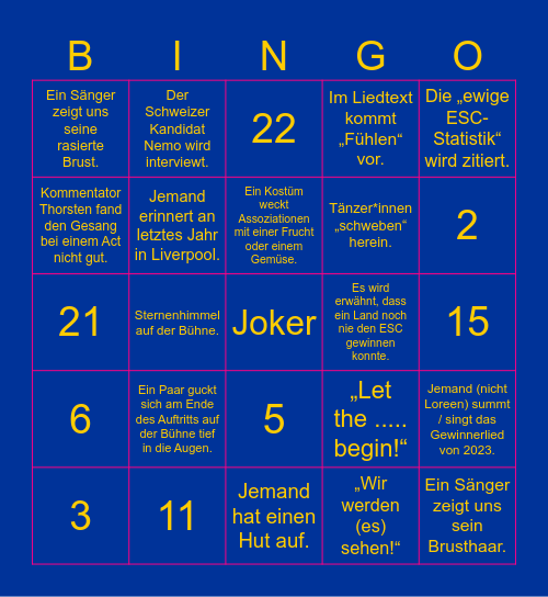 Super tolles ESC Bingo 2024 :-) Bingo Card