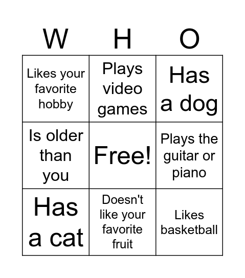 Find me someone Bingo Card