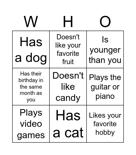 Find me someone Bingo Card