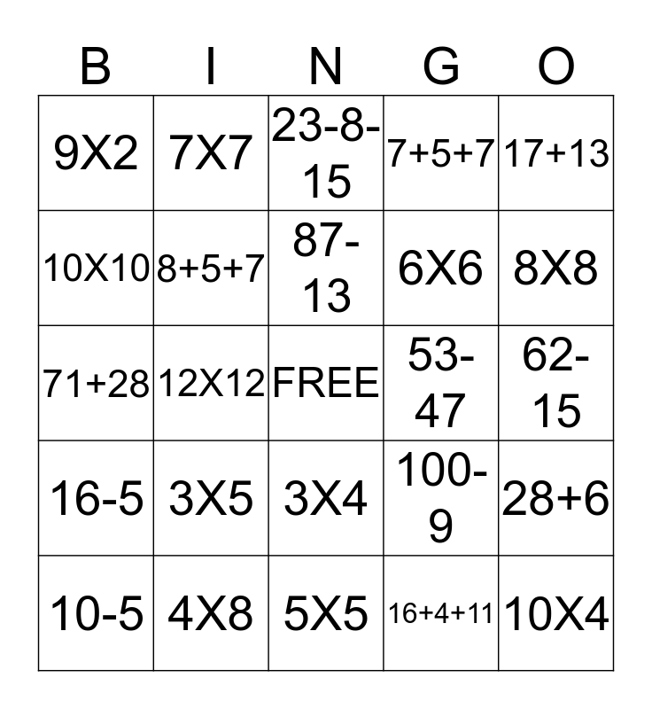 MATH # 2 Bingo Card