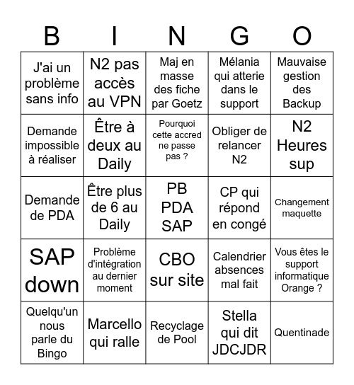 Support Bingo Card
