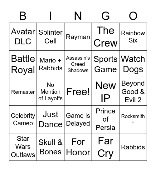 Ubisoft Forward 2024 Bingo Card