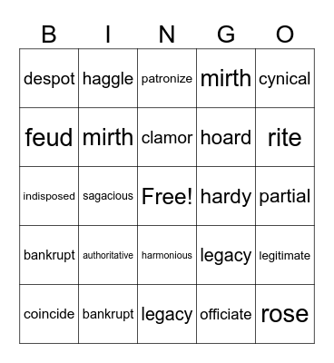 Vocabulary 15 Bingo Card