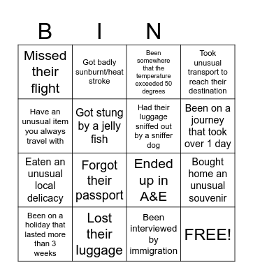 Vacation Experiences Bingo Card