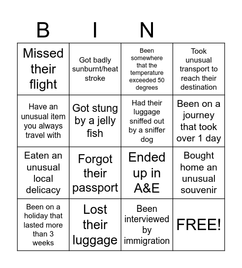 Vacation Experiences Bingo Card