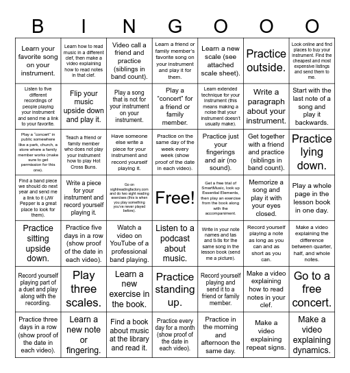 Summer Practice Challenge Bingo Card
