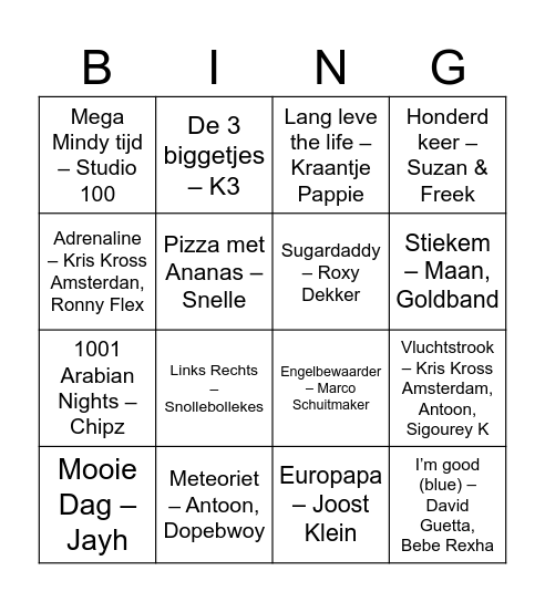 Muziekbingo Card